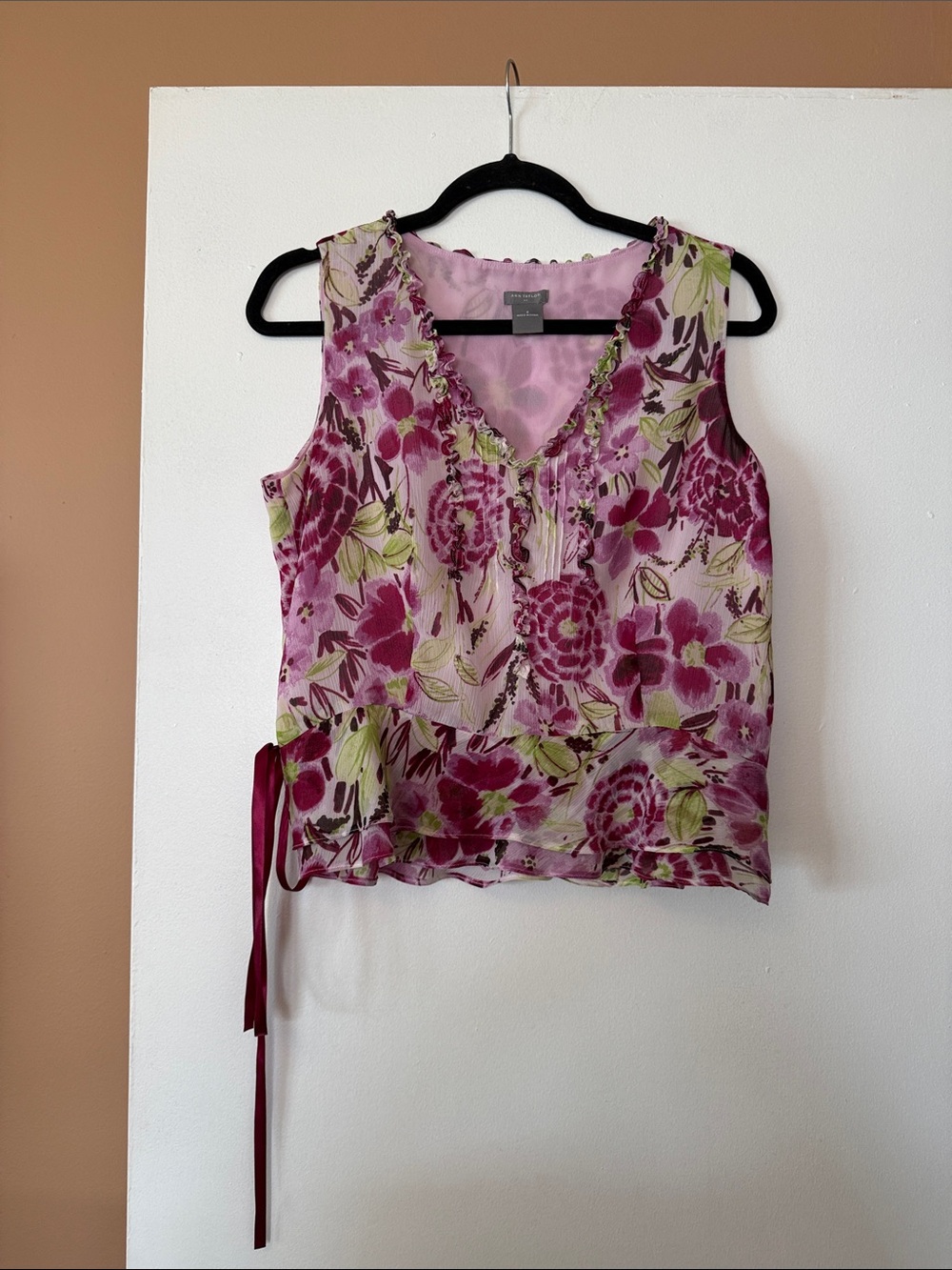 Ann Taylor Pink Floral Ruffle-Trimmed Sleeveless Camisole